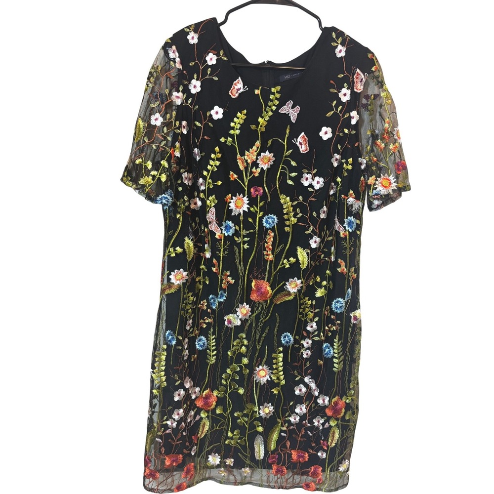 M&S Collection Black Floral Butterfly Embroidered Mesh Shift Dress Womens 18